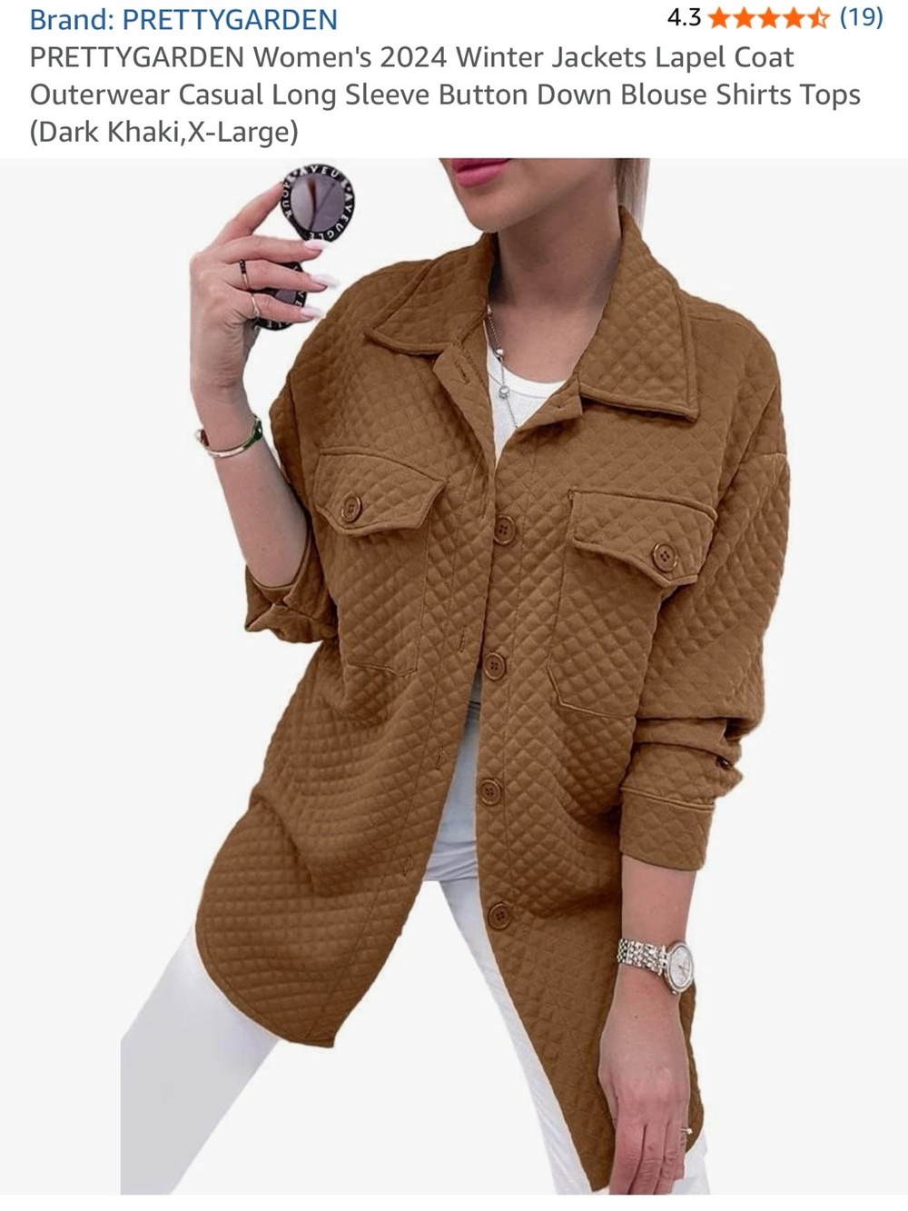 PRETTYGARDEN Dark Khaki Quilted Utility Jacket